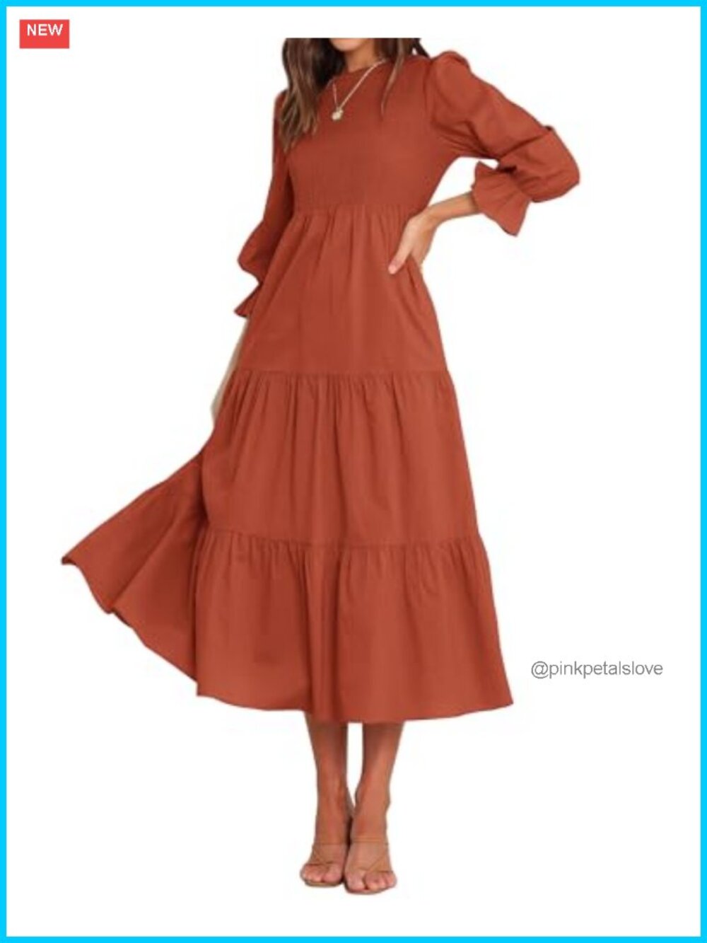 Women Long Sleeve Crew Neck Flowy Maxi Dress Tiered Ruffle A-Line